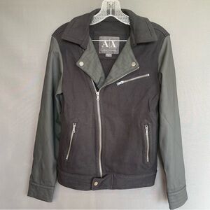 Armani Exchange suit style jacket with faux leather sleeves and buttoned collar